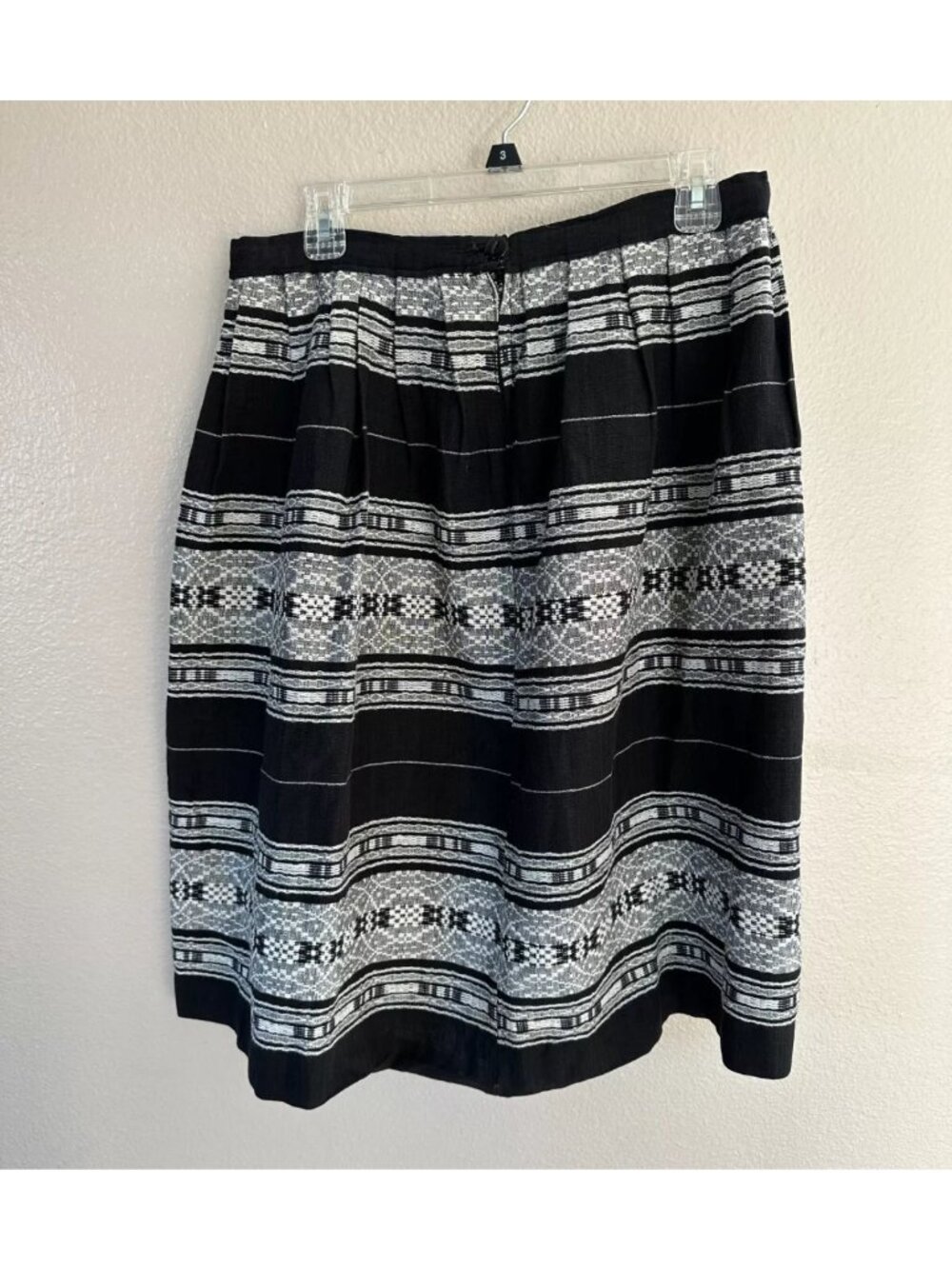 Black White Woven Knee-Length A-Line Skirt Striped Ethnic Pattern Pleated - Picture 3 of 8